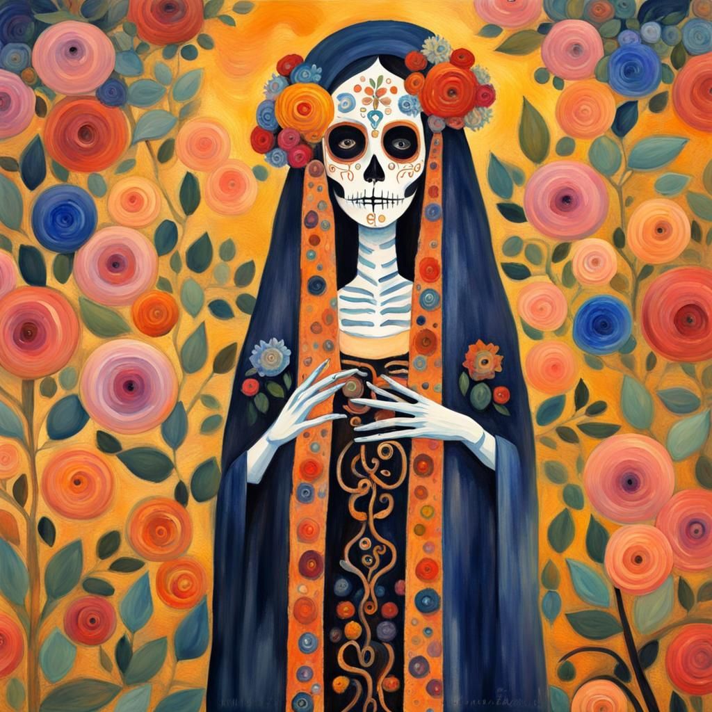 Dia de los Muertos in Klimt-Inspired Gouache Style
