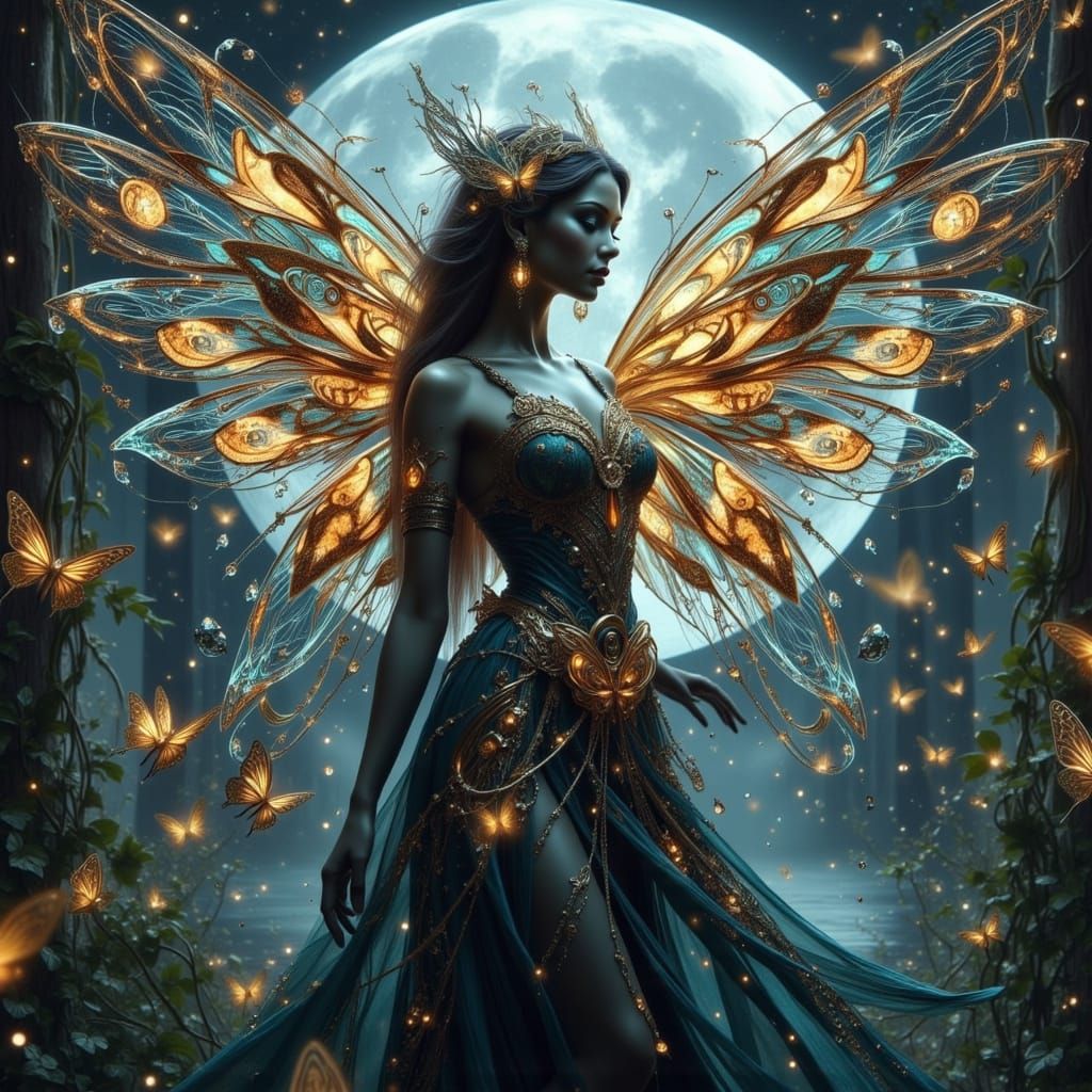 Clockwork Goddess in Moonlit Garden, Neo-Baroque Style