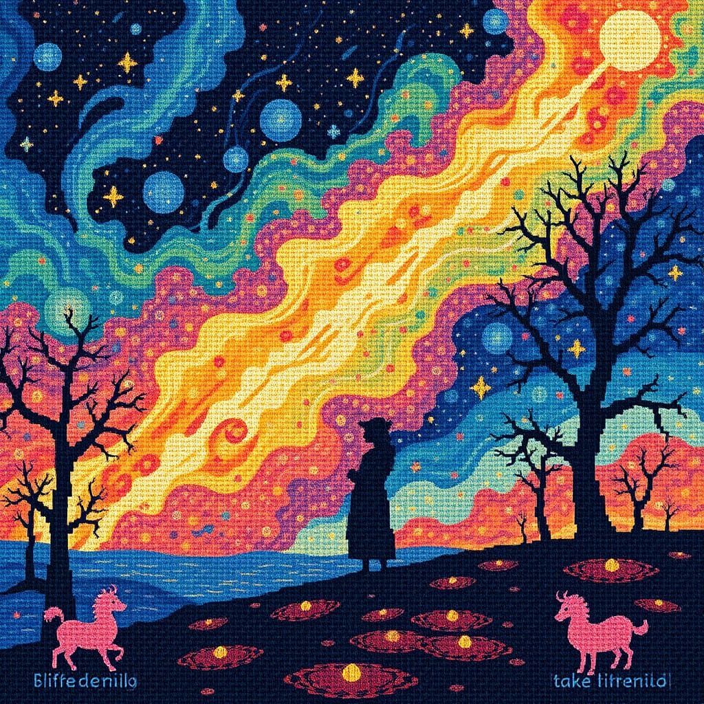 Surreal Anime Needlepoint Art Piece in Vibrant, Dreamlike Kl...