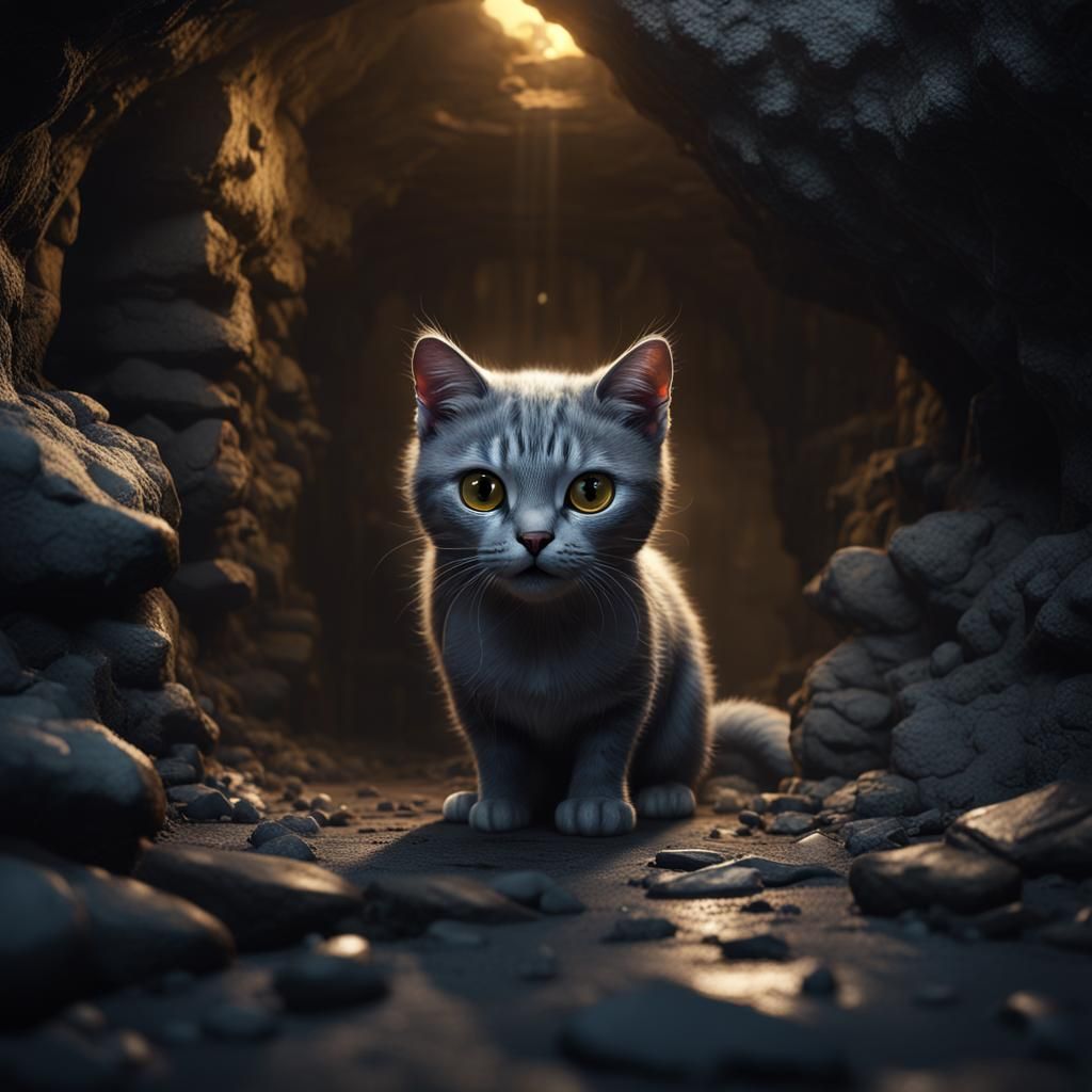 Scared Kitten Lost in Dark Cave: Matte Painting