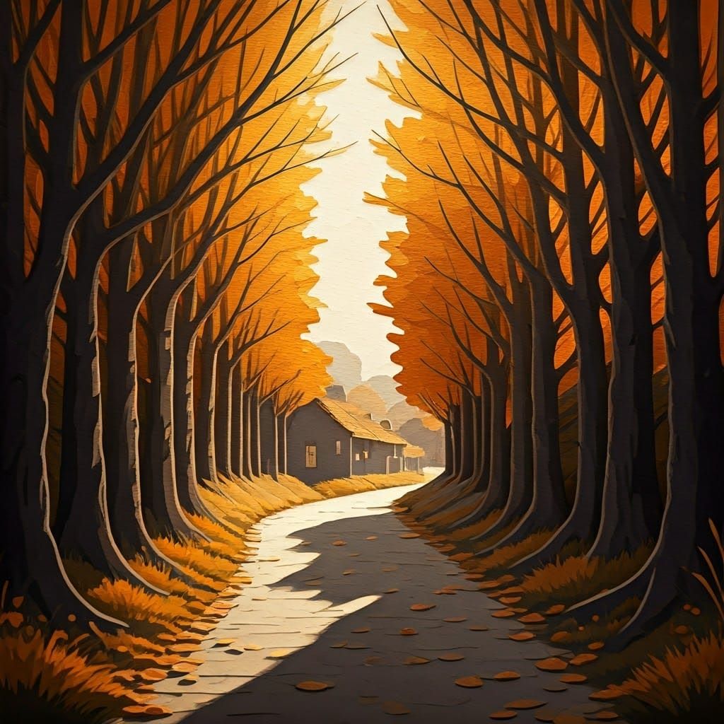 Autumn Village Pathway in Layered Paper Style