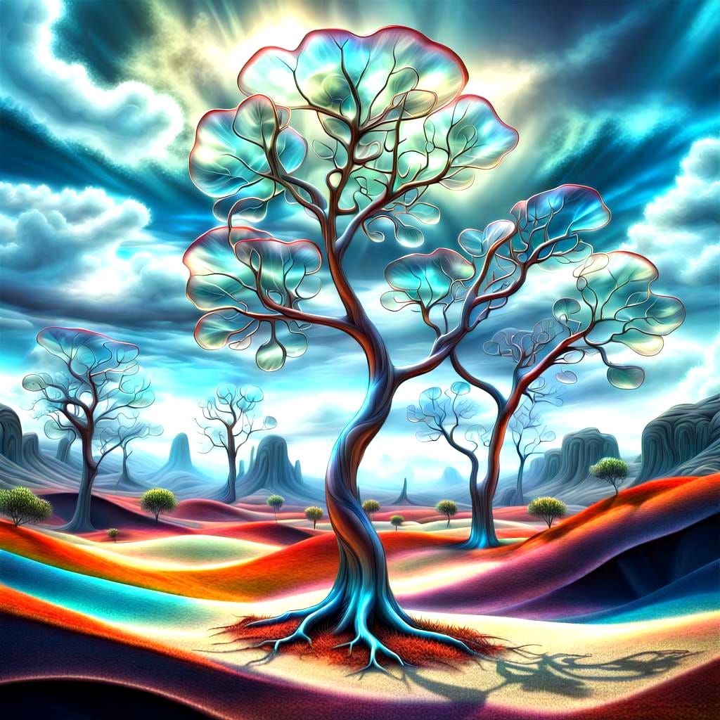 Surreal Alien Landscape with Transparent Tree Leaves