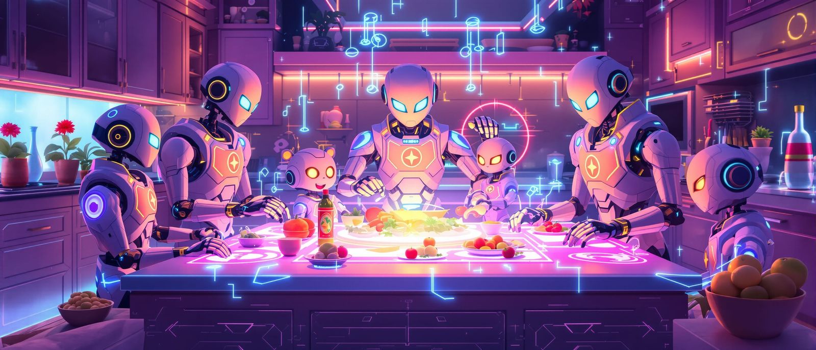 Robot Family Prepares Fantastical Meal at Holographic Island