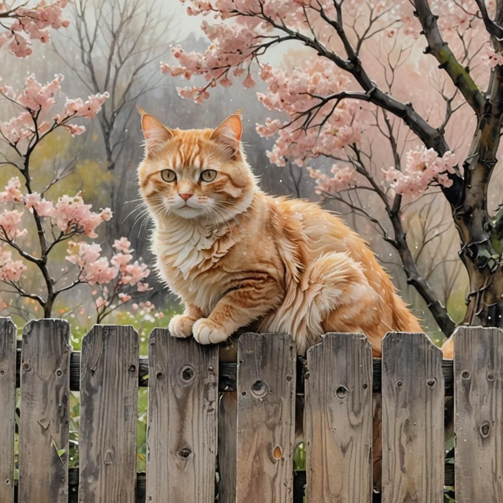 Ginger Cat in Garden: Watercolor Abstract Painting