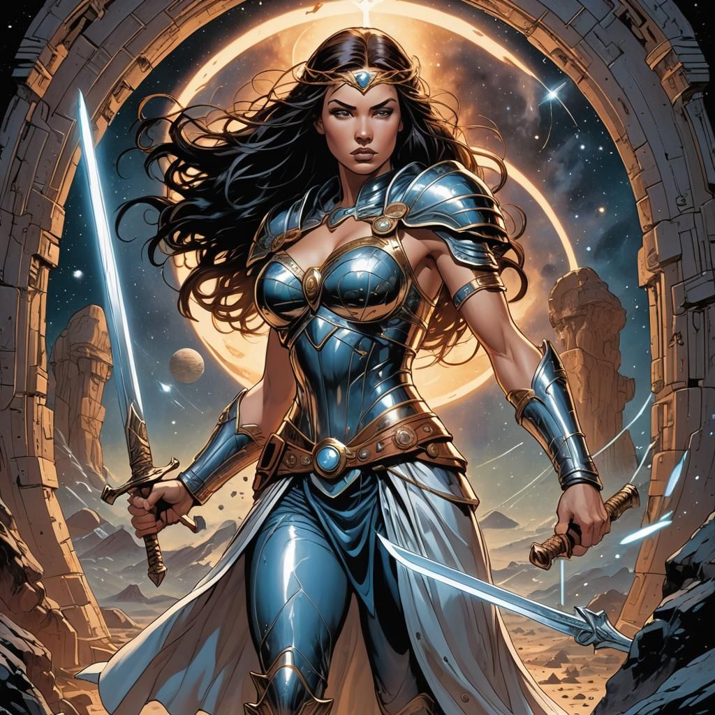 Warrior Princess Stepping Through Portal, Comic Book Art