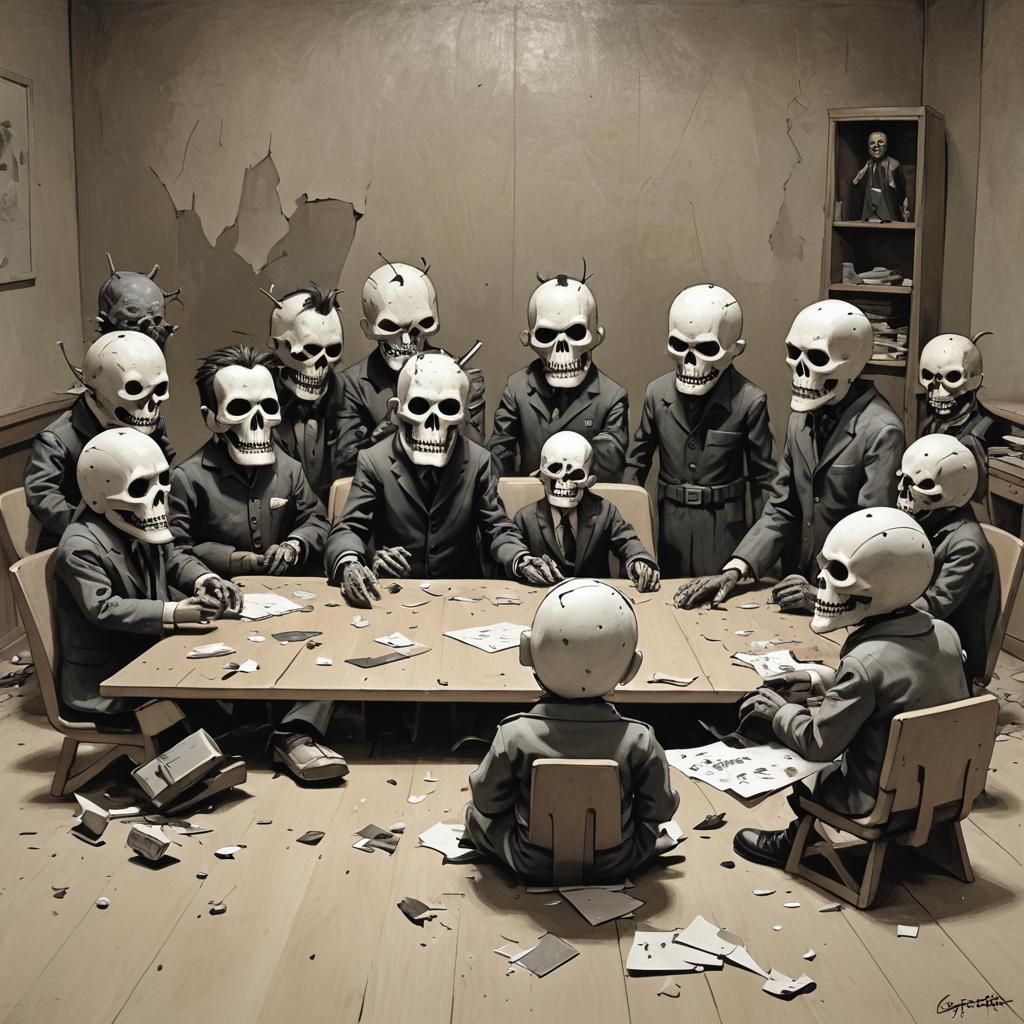 Sinister Broken Toy Board Meeting, Dark Fantasy Art