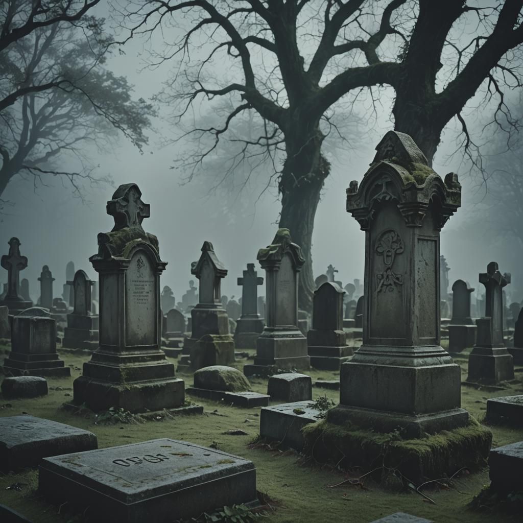Ethereal Ghosts in Misty Graveyard: Dark Surrealism