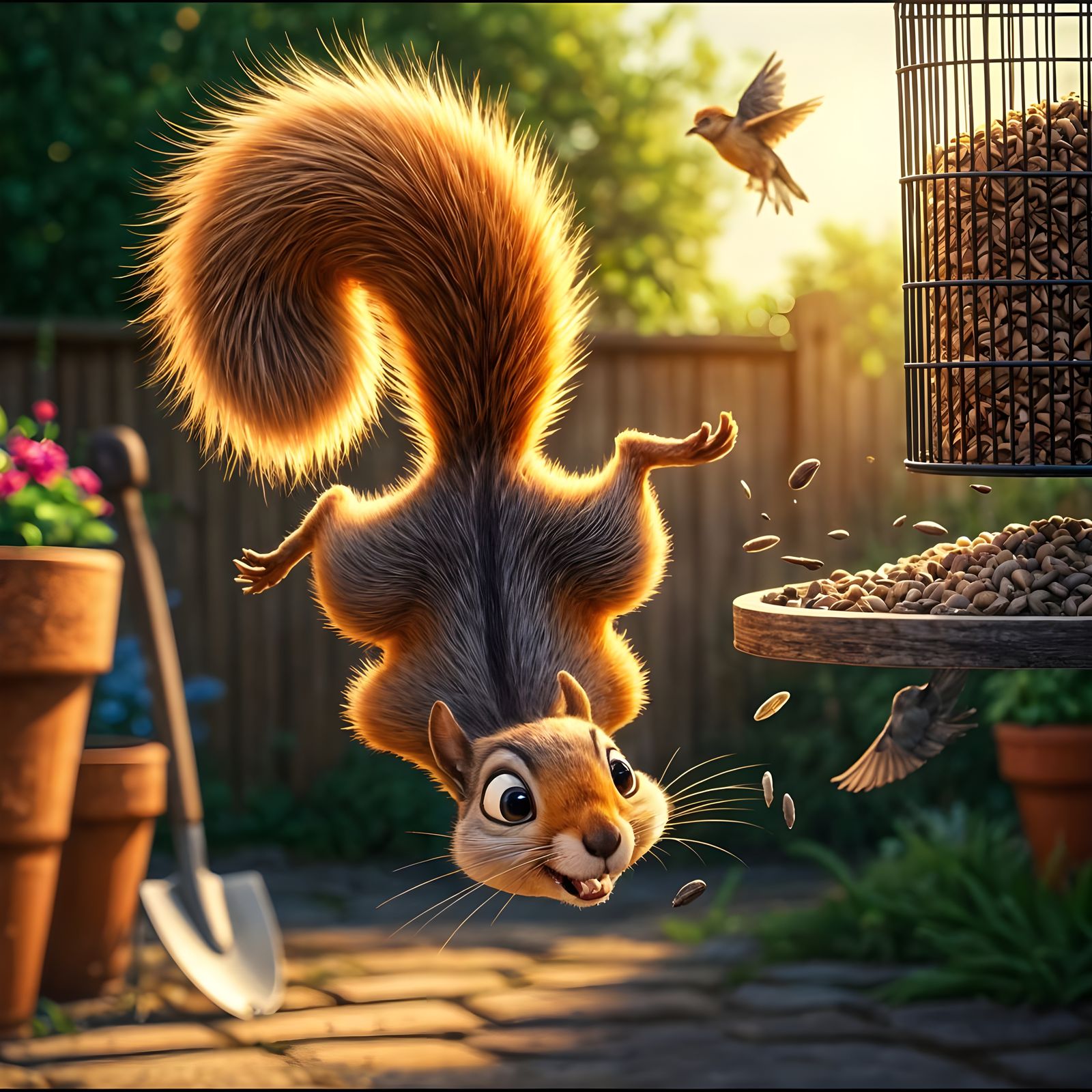 Playful Squirrel Raids Bird Feeder in Pixar Style
