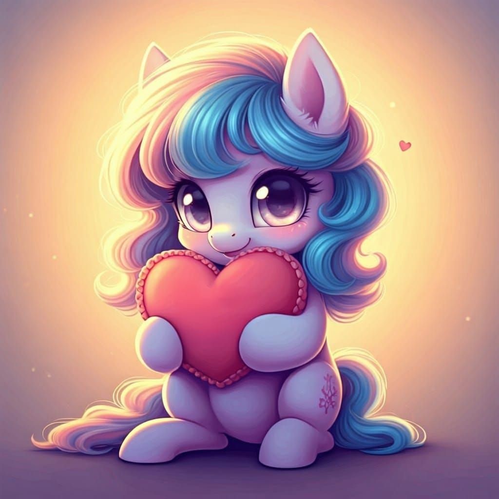 Chibi Pony with Heart Pillow in Pixar Style