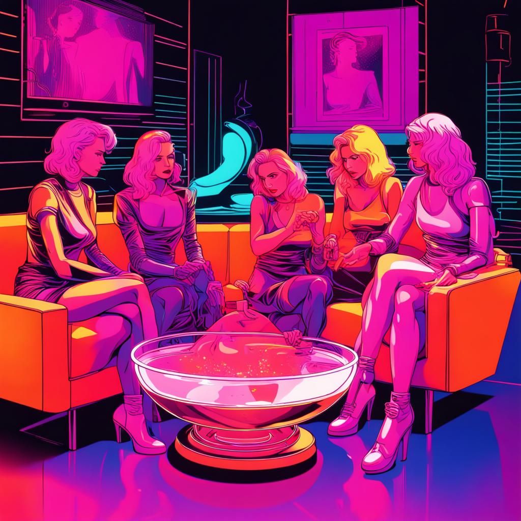 Women Around Punch Bowl in Synthwave Neon Style