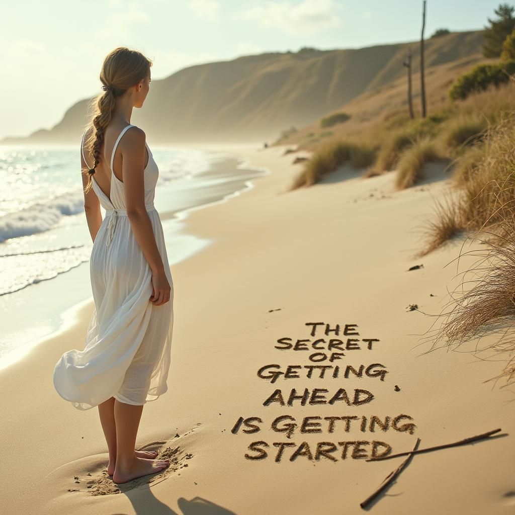 Contemplative Woman Writes in Sand, Surreal Beach Scene