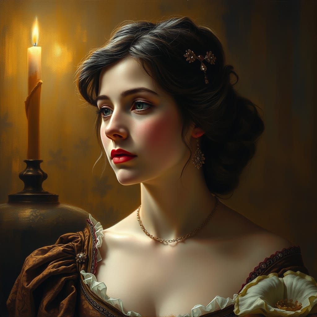 Regal Woman Lost in Candlelit Contemplation, Oil Painting