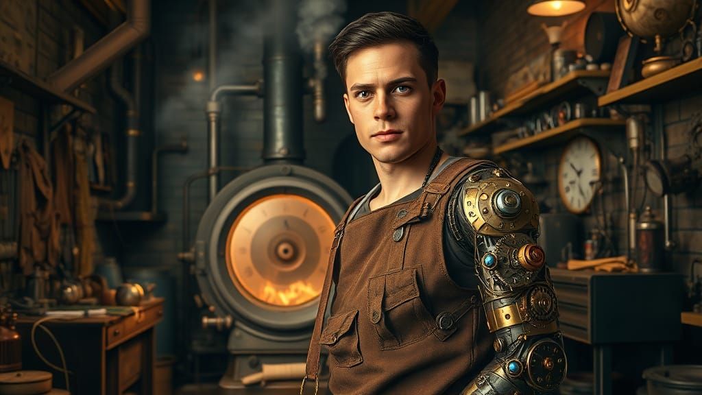 Steampunk Inventor in a Gilded Workshop