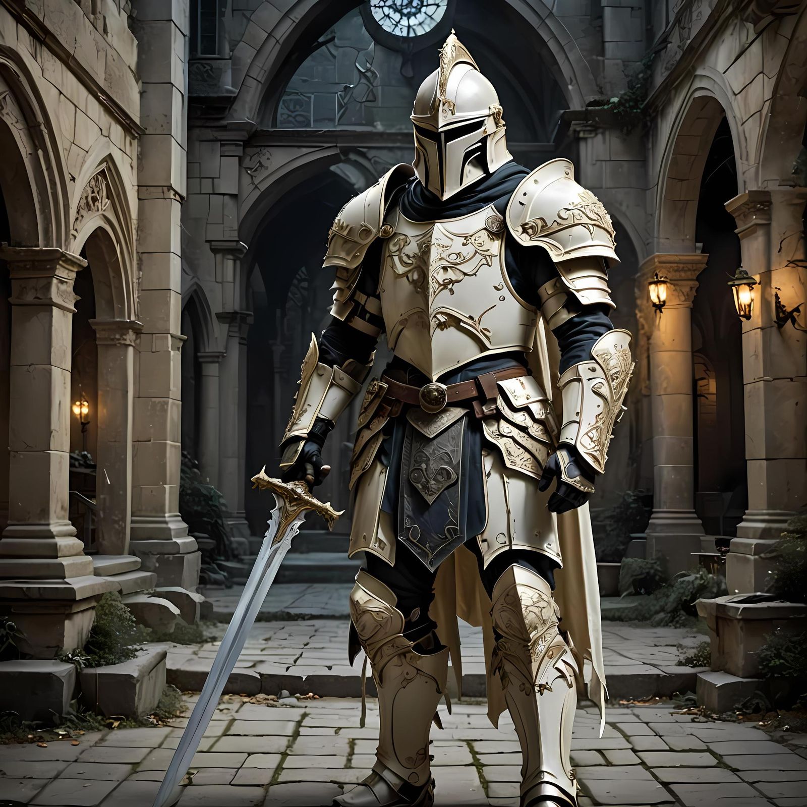 Moonlit Ivory Paladin in Ruined Courtyard