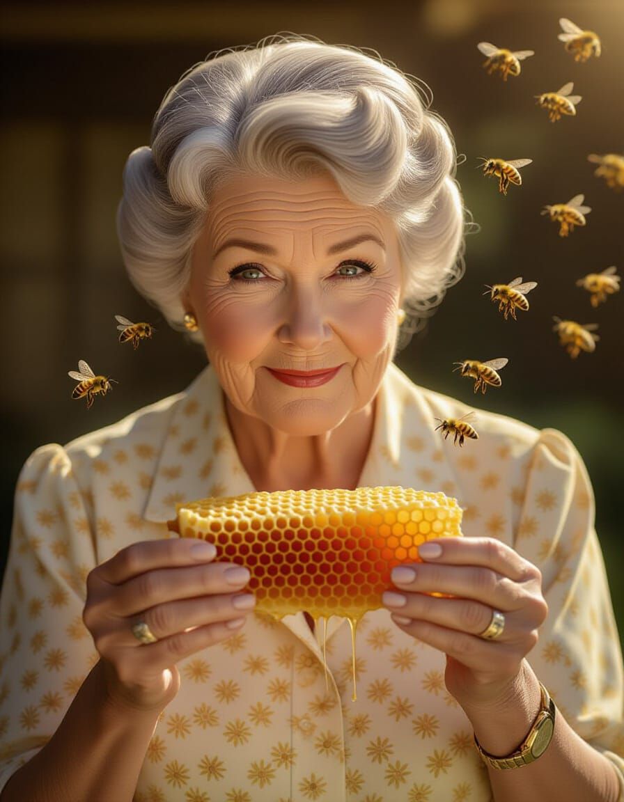 Photorealistic Aunt Bee Holds Dripping Honeycomb with Bees