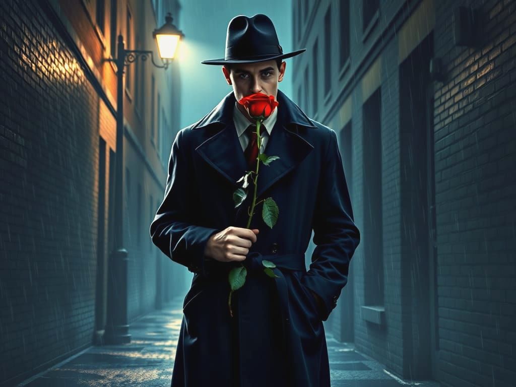 Handsome Man in Thorned Blue Raincoat with Rose