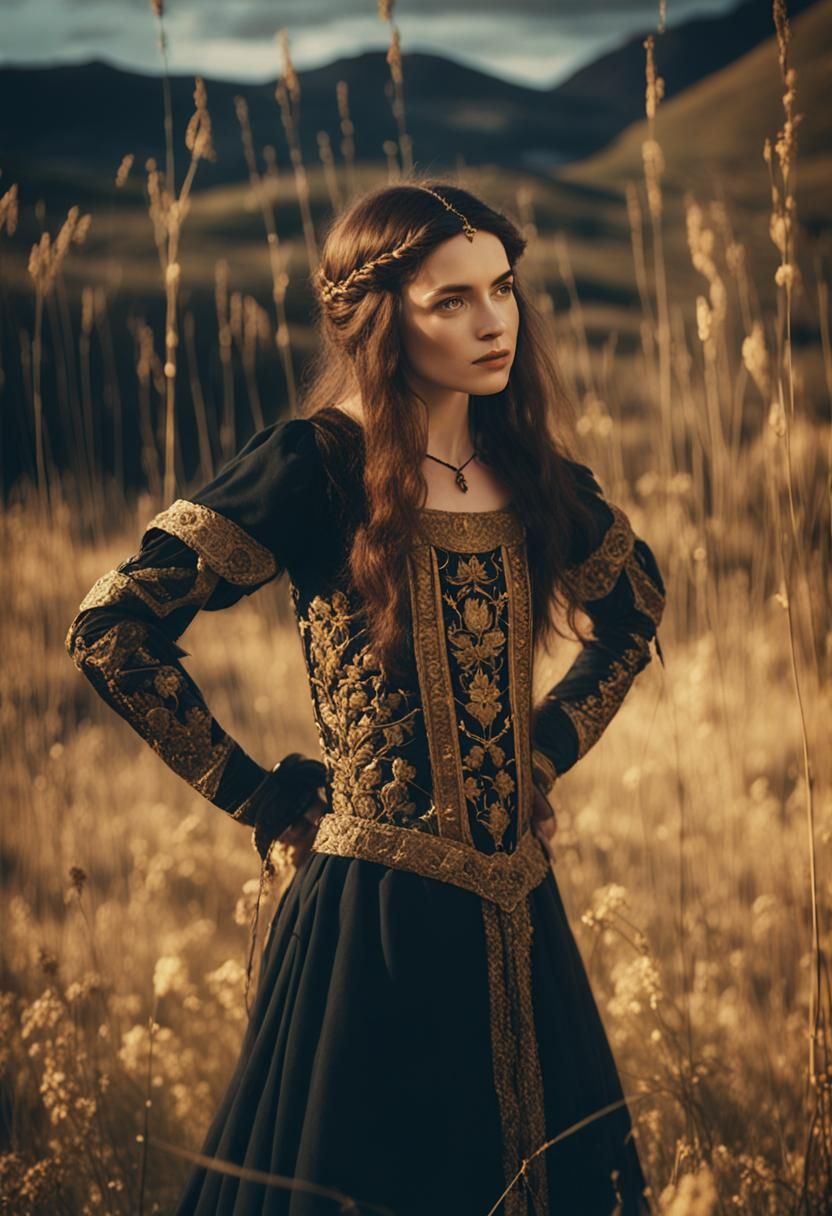 Medieval Lady in Black Dress: Cinematic Film Still