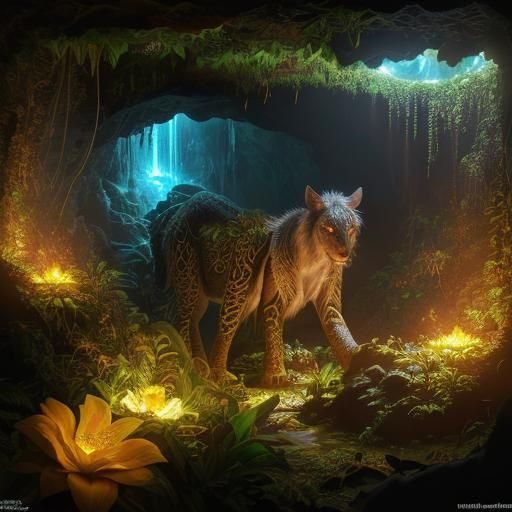 Glowing Jungle Flower in Cave, Photorealistic CGI