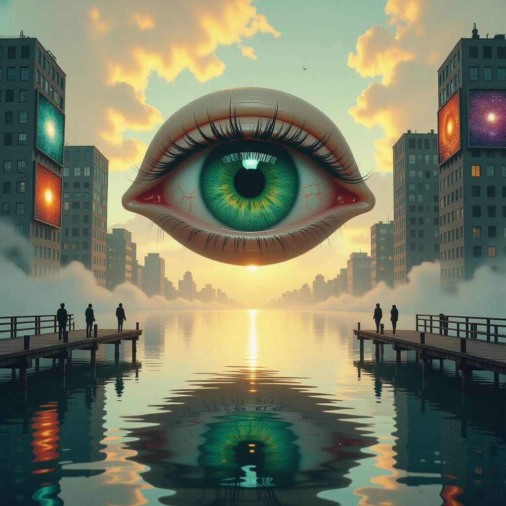 Giant Eye Over Water, Surreal Cosmic Cityscape