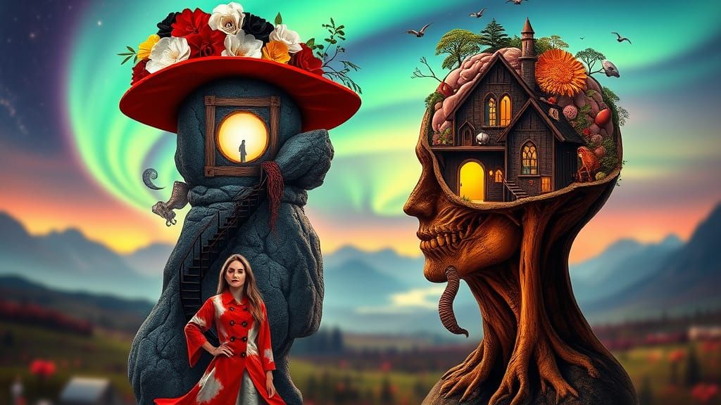 Surreal Boho Goddess Stands Before a Dreamlike Guitar Landsc...