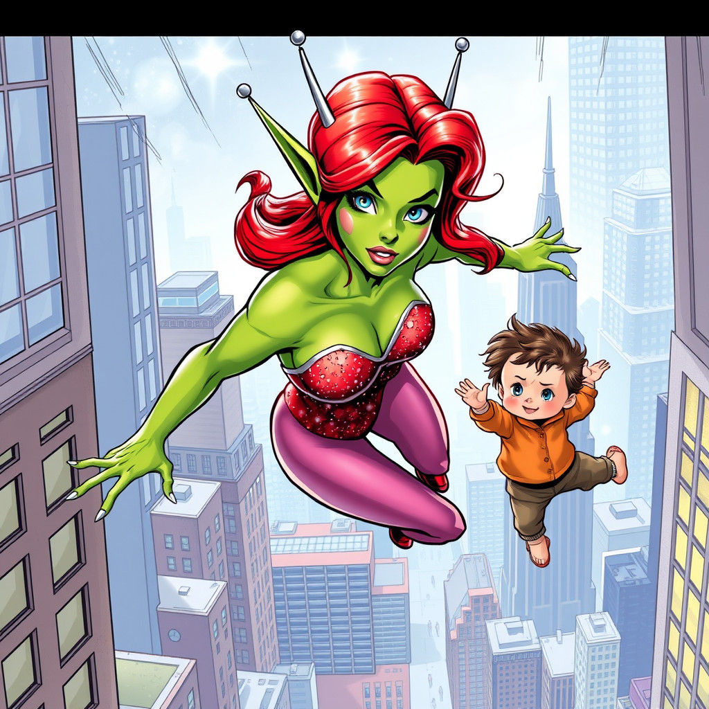 Alien Superheroine Saves Falling Child, Comic Book Art