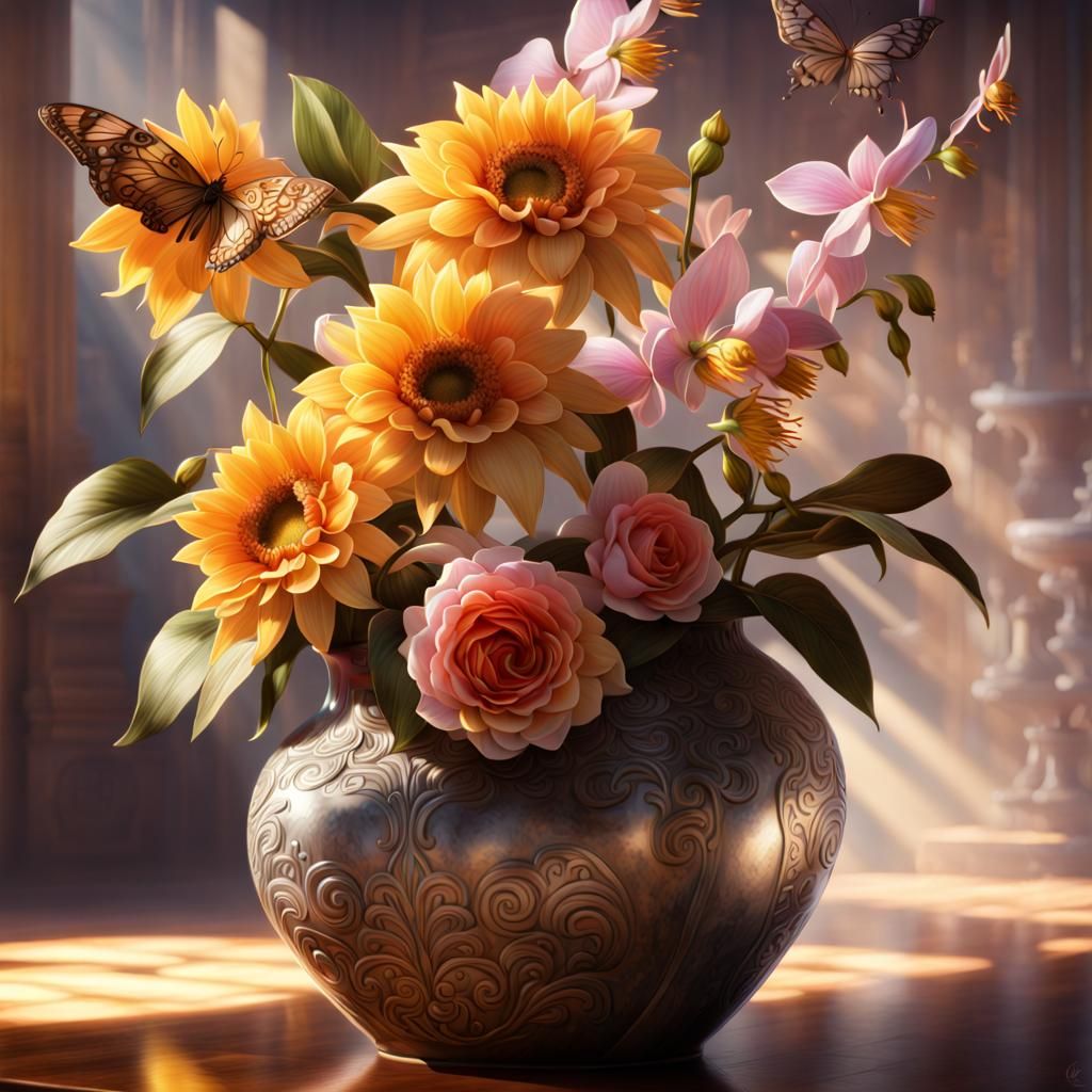 Ornate Vase with Flowers and Candles in Bright Colors