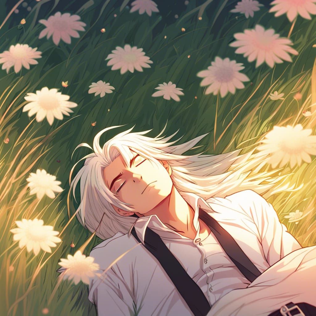 Anime Man Napping in Sunset Field