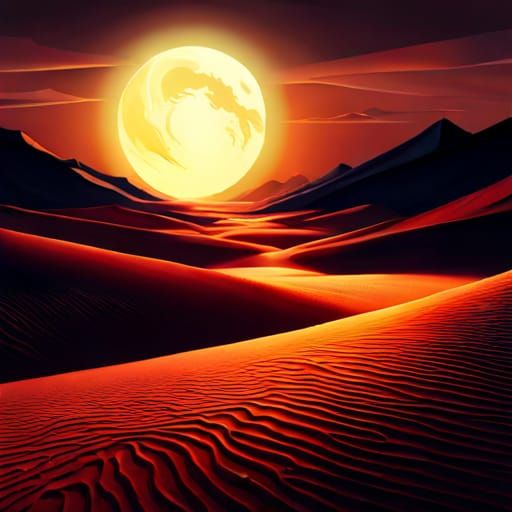Alien Desert Sunset with Red Sand Dunes