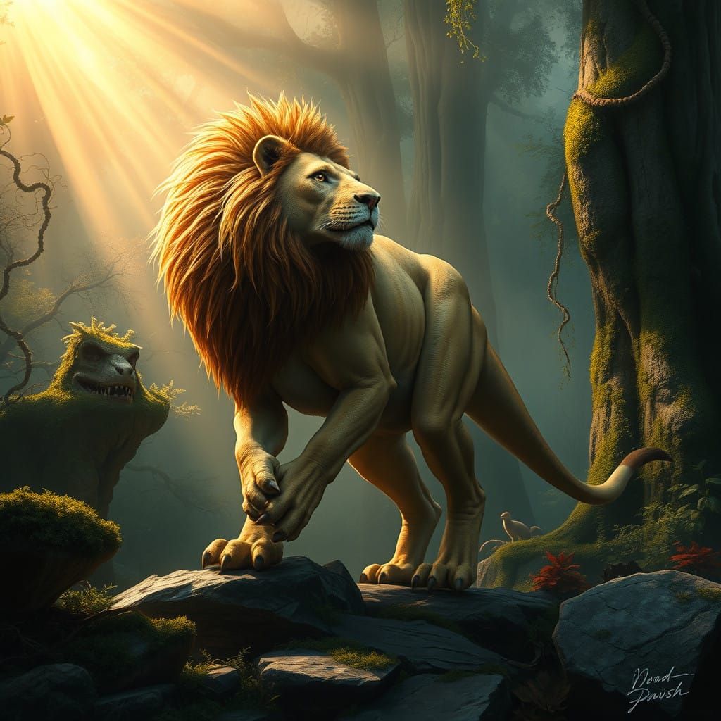 Majestic Lion-Raptor Hybrid in Prehistoric Landscape