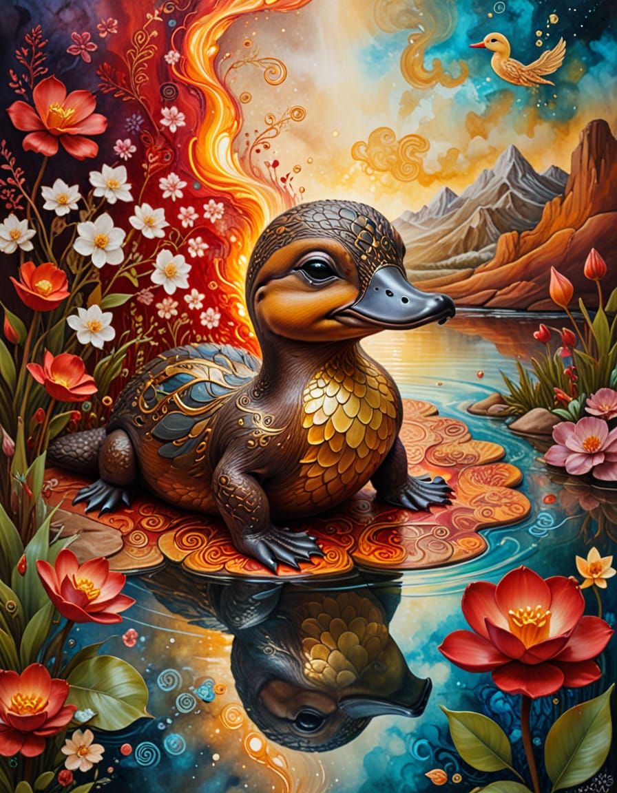 Fire-Breathing Platypus in Surrealist Dreamscape