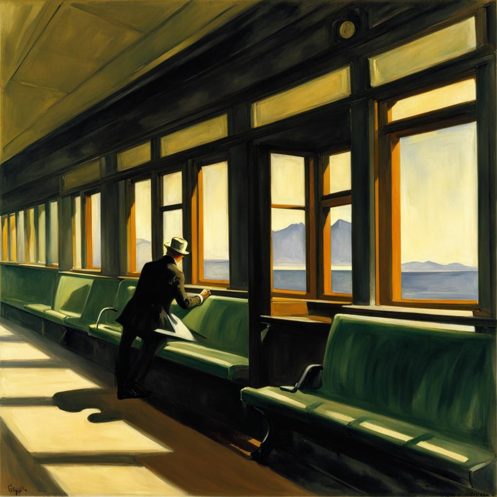 Desolate Train Station Interior in Impressionistic Style