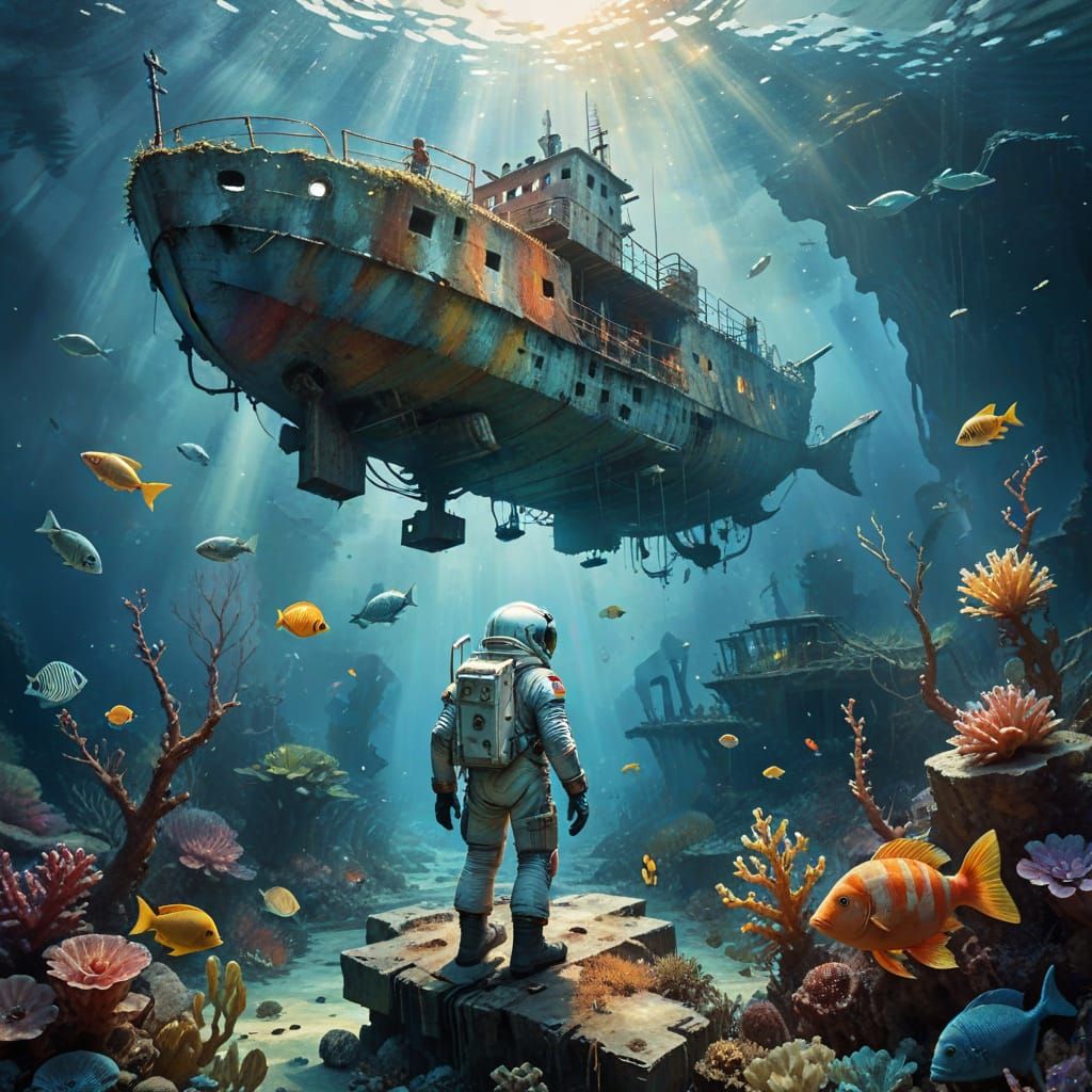 Ethereal Ocean Floor Scene in Whimsical Watercolor Style