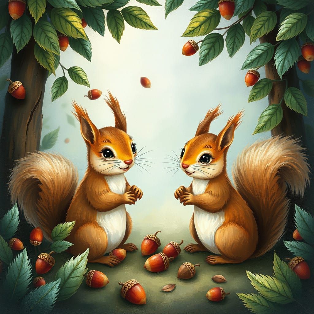 Whimsical Squirrels in Enchanted Forest Scene