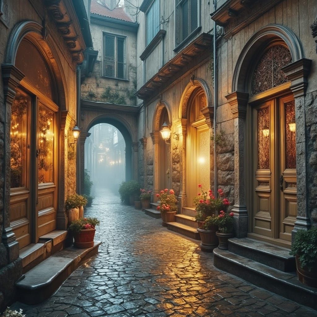 Ornate Doors in Tranquil Village Alleyway