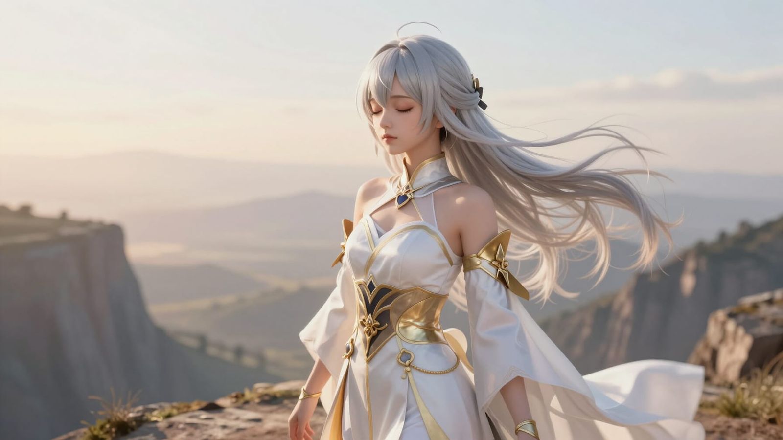 Silver-Haired Woman on Cliff in Ethereal Landscape