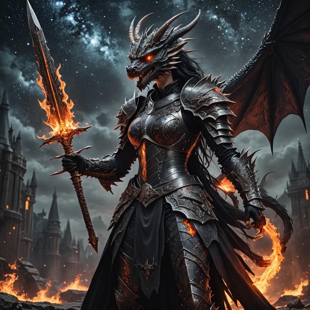 Gothic Dragon Armor in the Stars with Flaming Sword