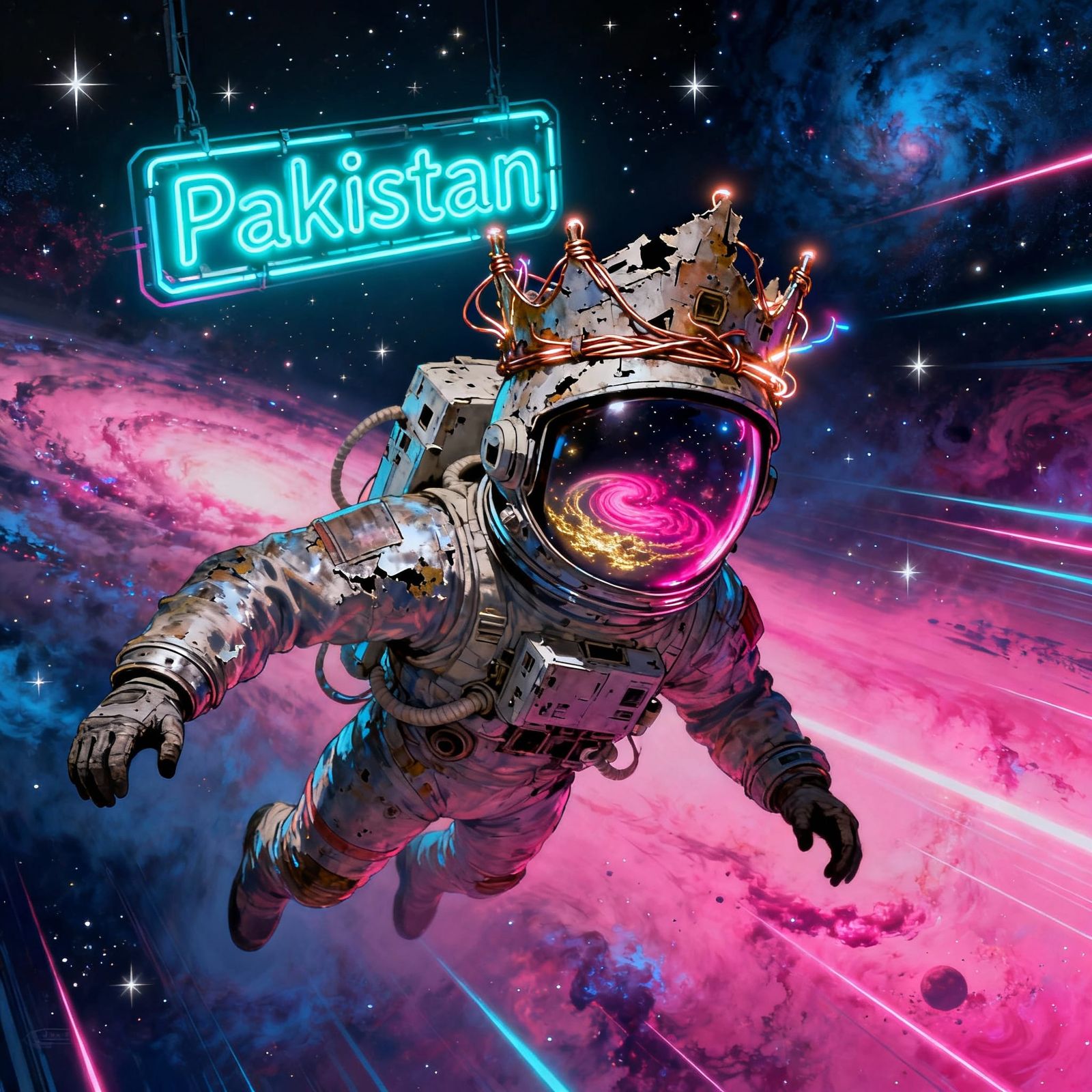 Astronaut Adrift with Cosmic Planet Reflection