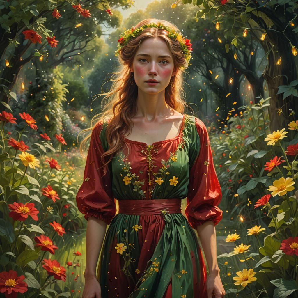 Ethereal Woman in Floral Garden: Fantasy Realism