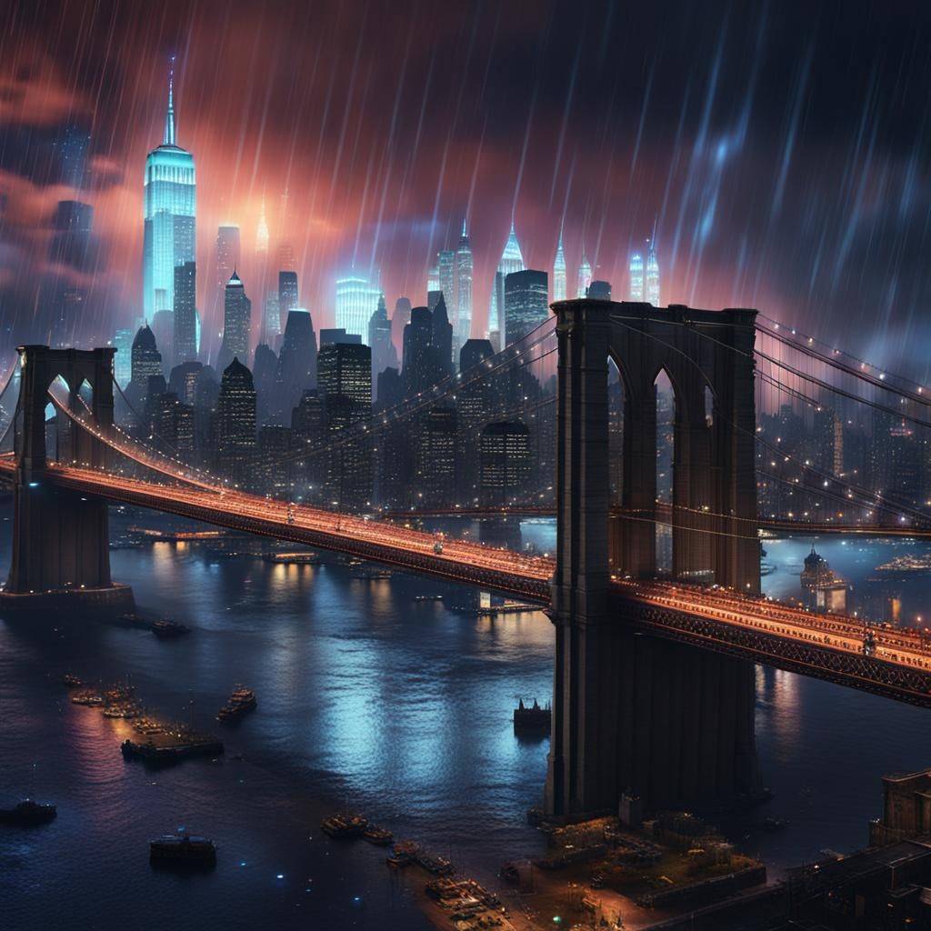 New York City Skyline at Night in the Rain