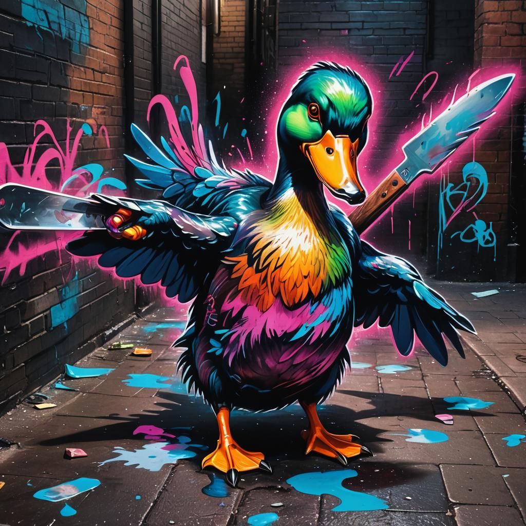 Menacing Duck with Knife in Graffiti Art Style