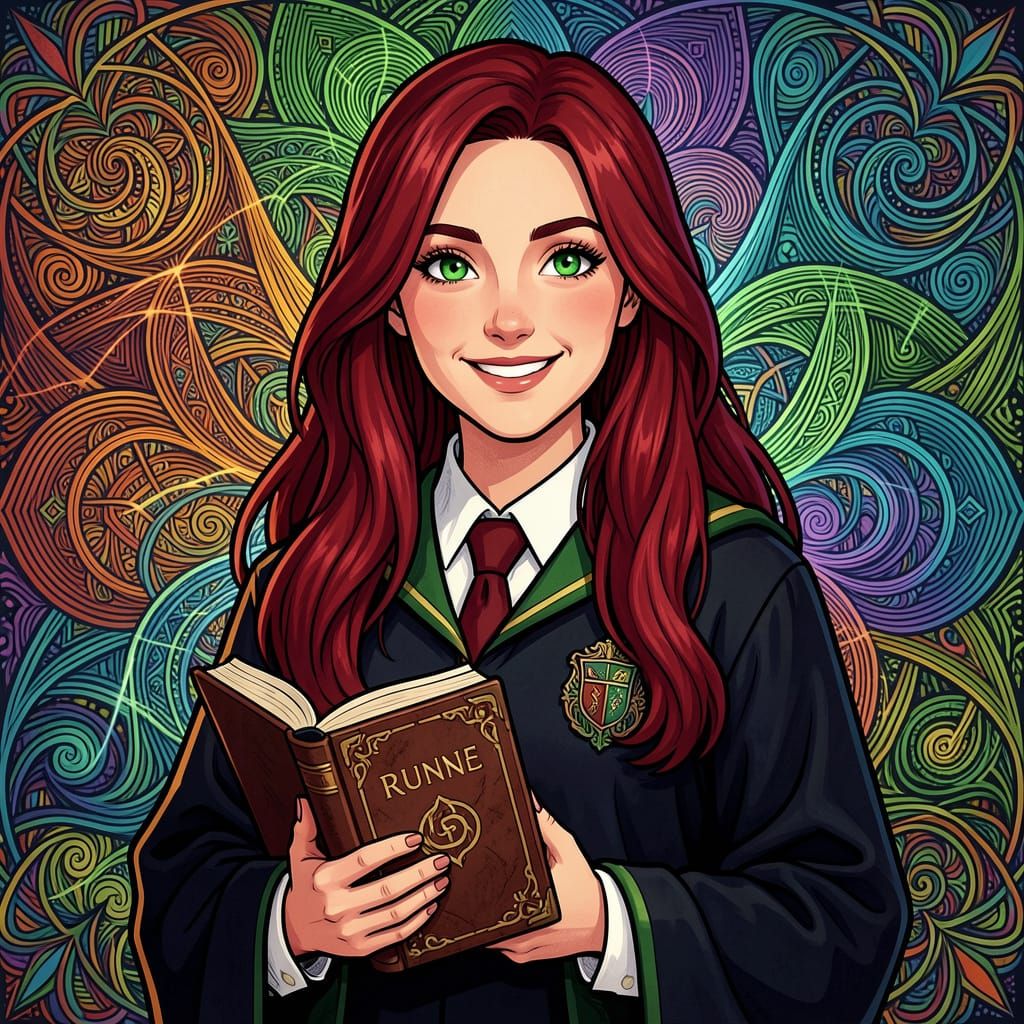 Mia Potter in Slytherin Robes Holding a Rune Book