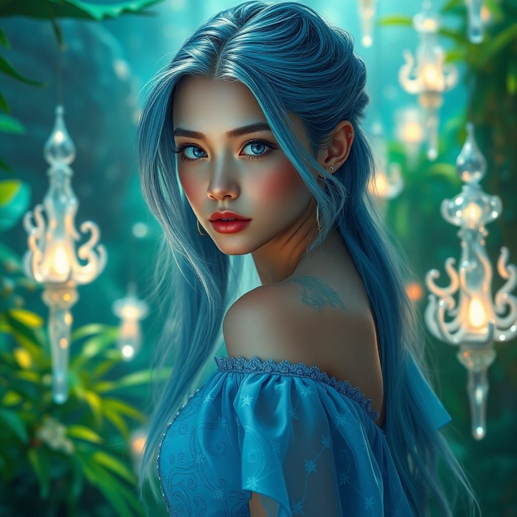 Ethereal Woman with Blue Hair in Fantasy Landscape
