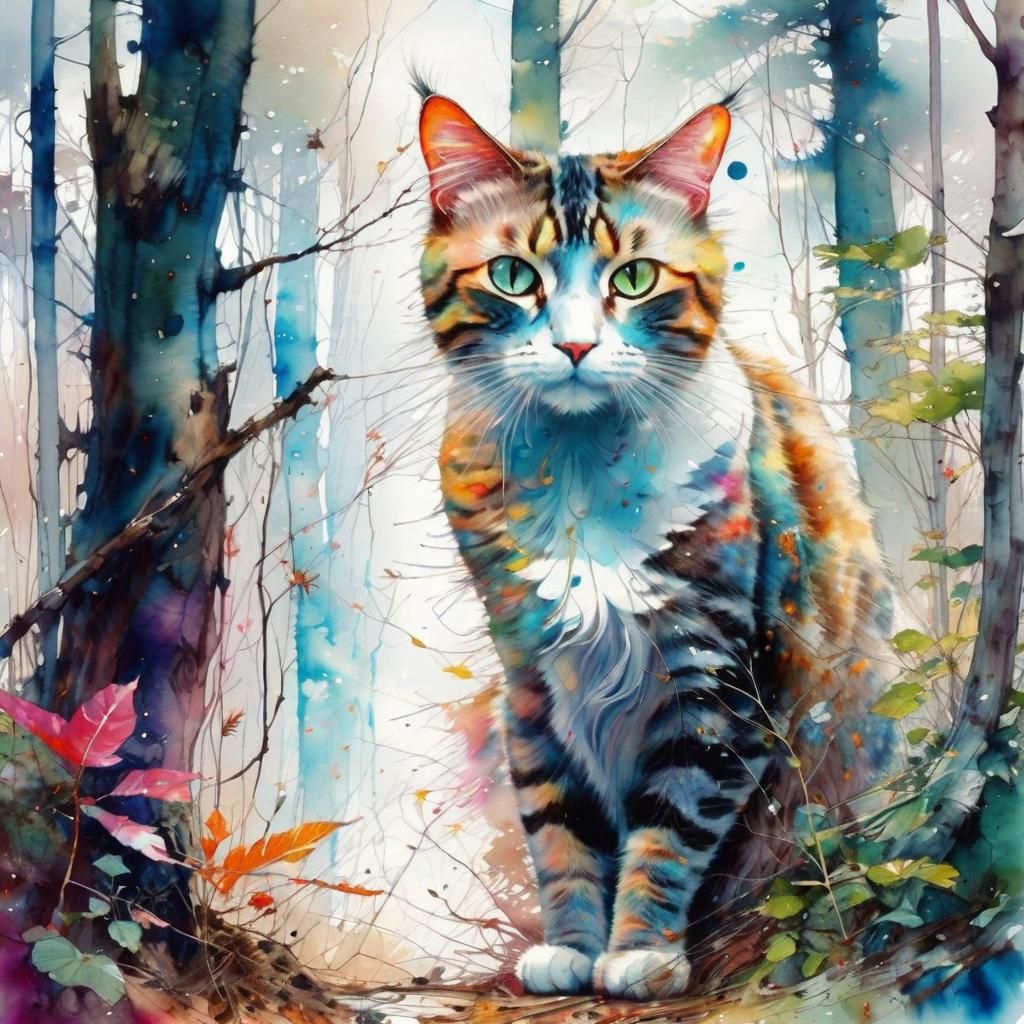 Beautiful Cat with Expressive Eyes in Woods