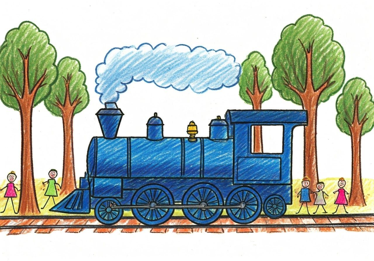 Whimsical Blue Steam Train in Childlike Art Style