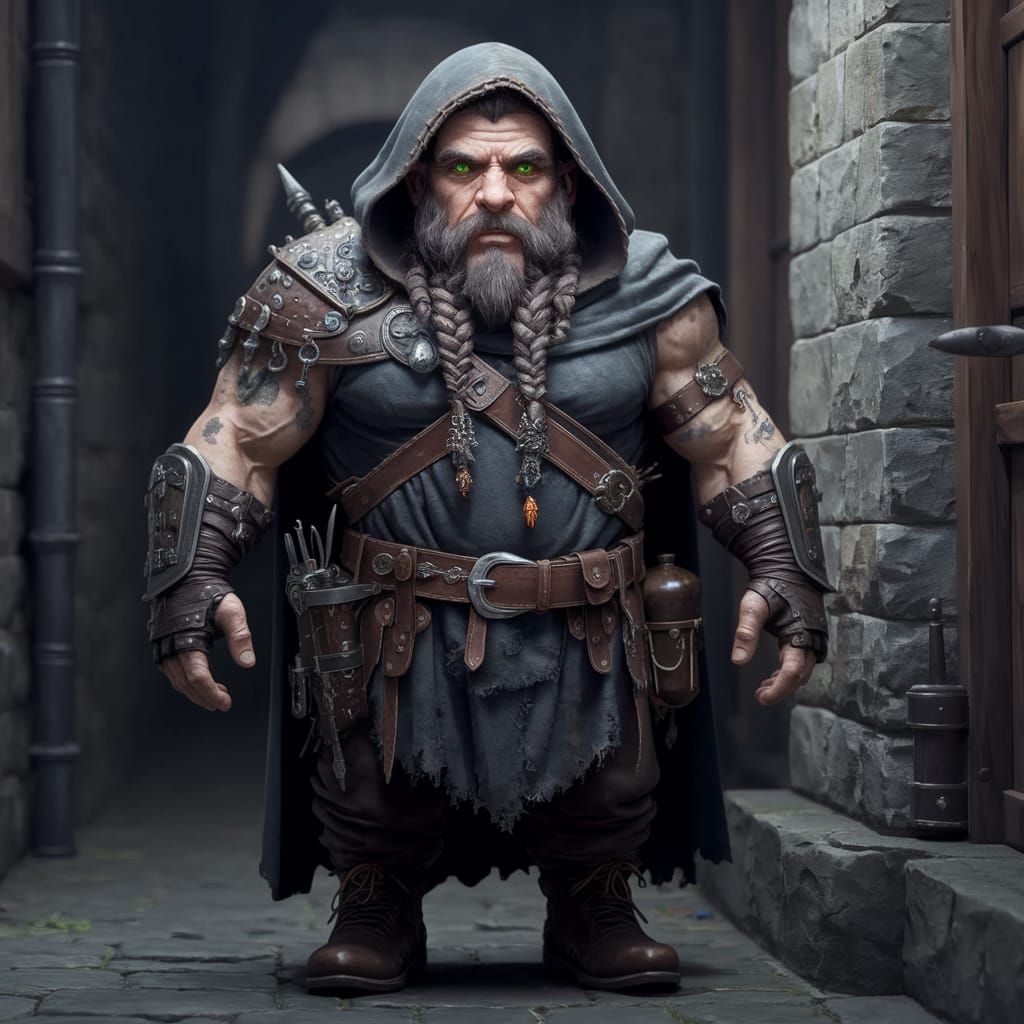 Mysterious Dwarven Thief in Medieval Alleyway