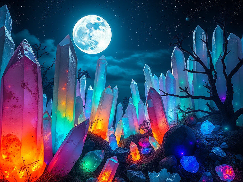 Bioluminescent Quartz Crystal Forest Under Moonlight