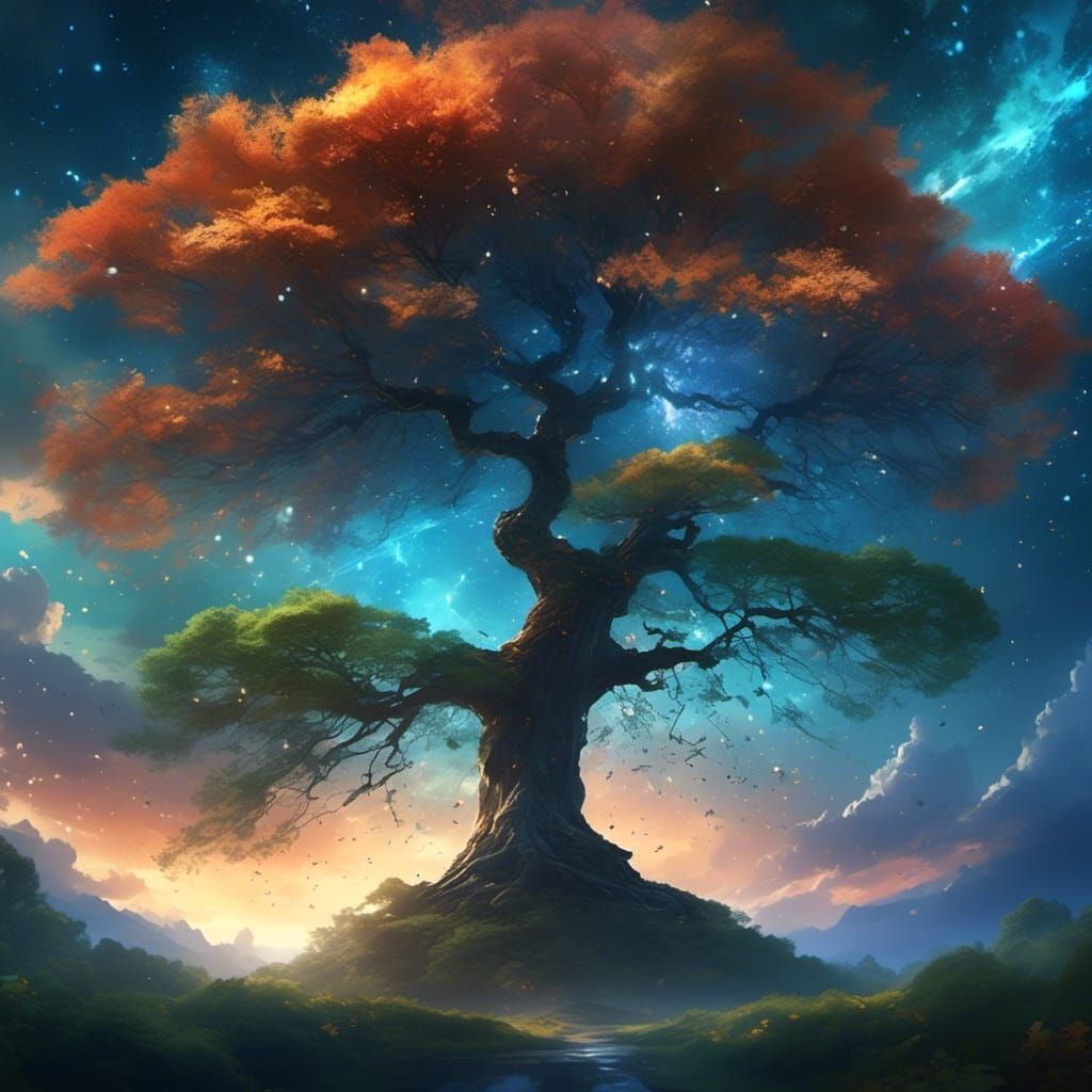 Lone Tree Under Broken Night Sky