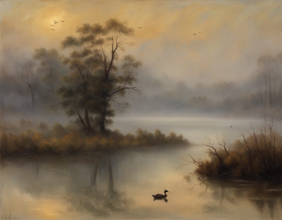 Ducks Glide Over Misty Lake in Tonalist Style