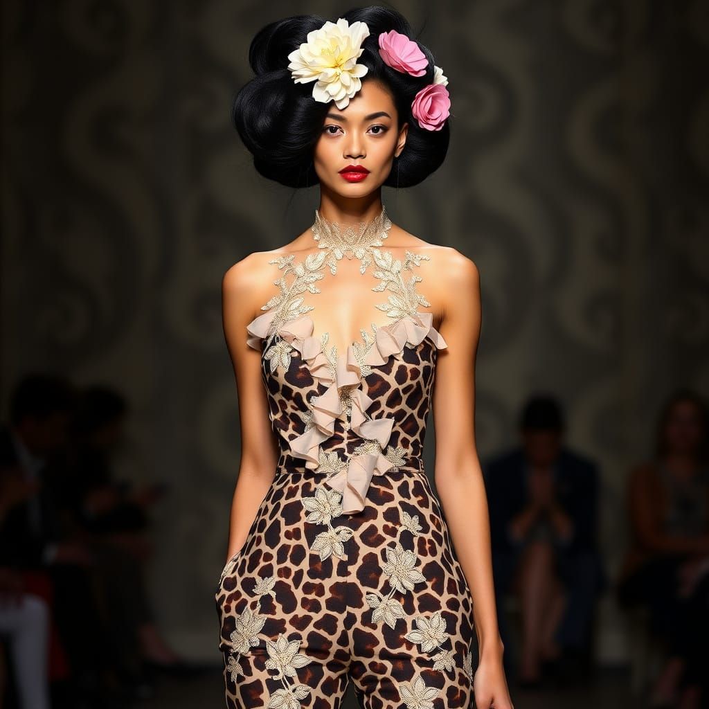 Haute Couture Model in Giraffe Print Jumpsuit