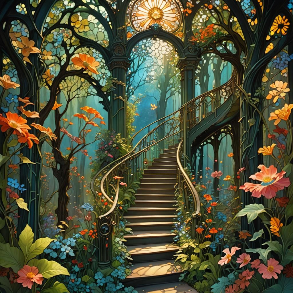 Surreal Staircase in a Glistening Flower Garden
